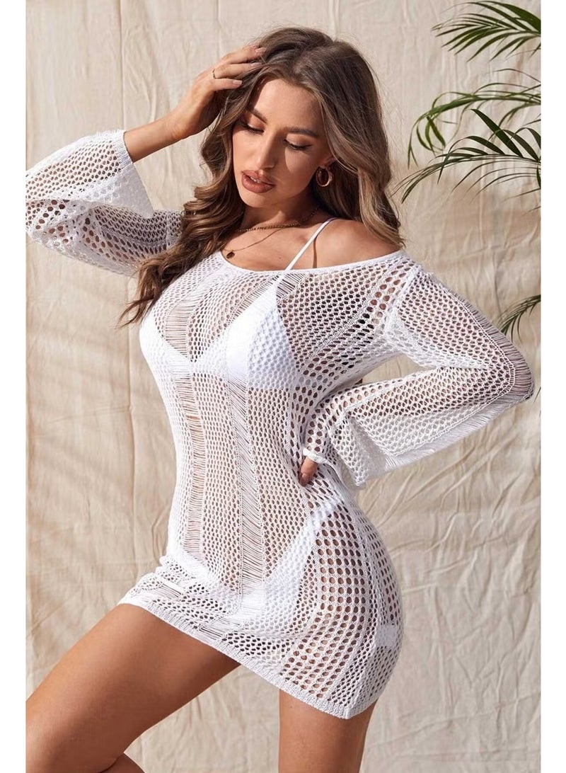 Angelsin Knitted Cotton Long Sleeve Pareo Beach Dress Kimono Kaftan - Image 3